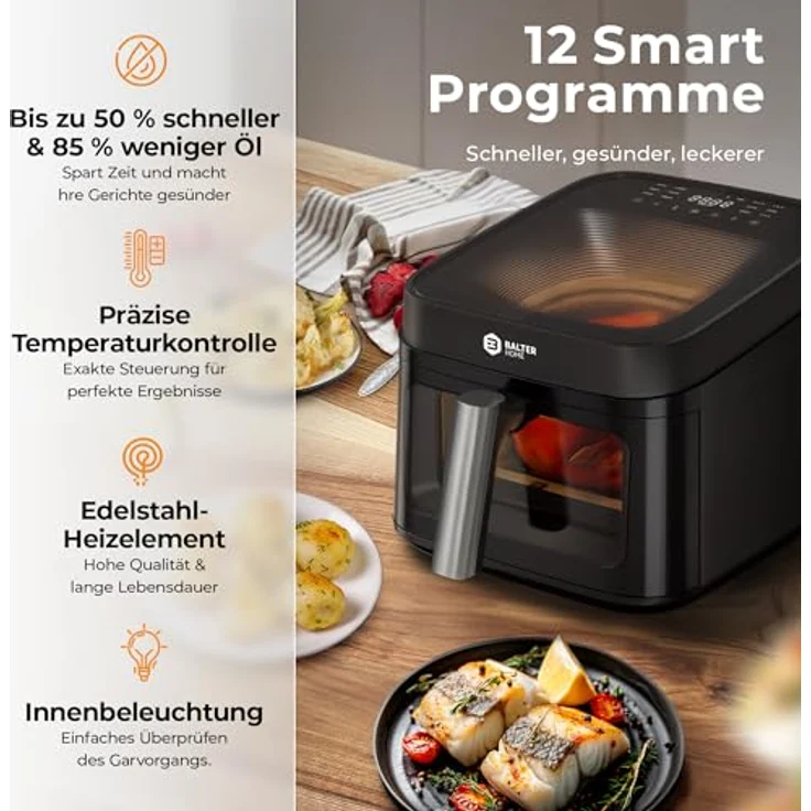Balter HL-651T Heißluftfritteuse Airfryer, 6,5 L XXL mit Sichtfenster, 12 Programme, inkl. 100 Rezepte, energieeffiziente Friteuse – Bild 2