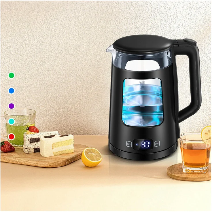 FOHERE Wasserkocher Glas Edelstahl, 1,7 l, 2200 W, LED-Beleuchtung mit Temperaturregelung, Schwarz, mit 5 Farbwechseln
