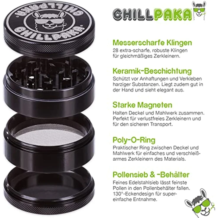 CHILLPAKA® Premium Keramik Grinder Crusher | ø63mm groß Schwarz | messerscharfe Kräutermühle mit haftfreier Keramikbeschichtung | inkl. Pollenschaber + Pinsel – Bild 2
