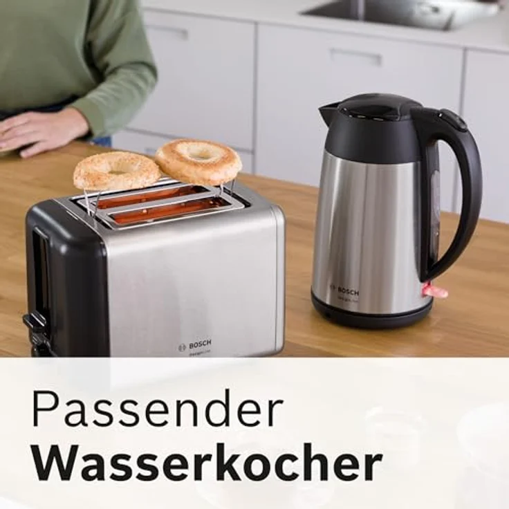 Bosch TAT3P420DE DesignLine Kompakt-Toaster, Auftau-Aufwärmfunktion, versenkbarer Brötchenaufsatz, Abschaltautomatik, 970 W, Edelstahl-schwarz – Bild 5