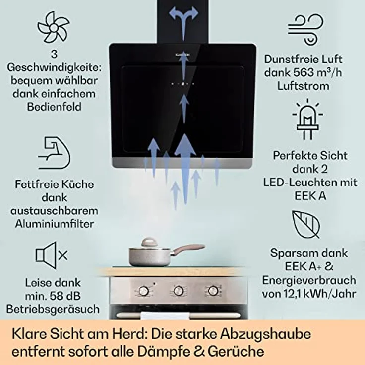 Klarstein 10040234 Wandhaube, Aurora 60 Smart Dunstabzugshaube 550 m³/h 60cm kopffrei Ambiente-Licht EEC A++, schwarz – Bild 3