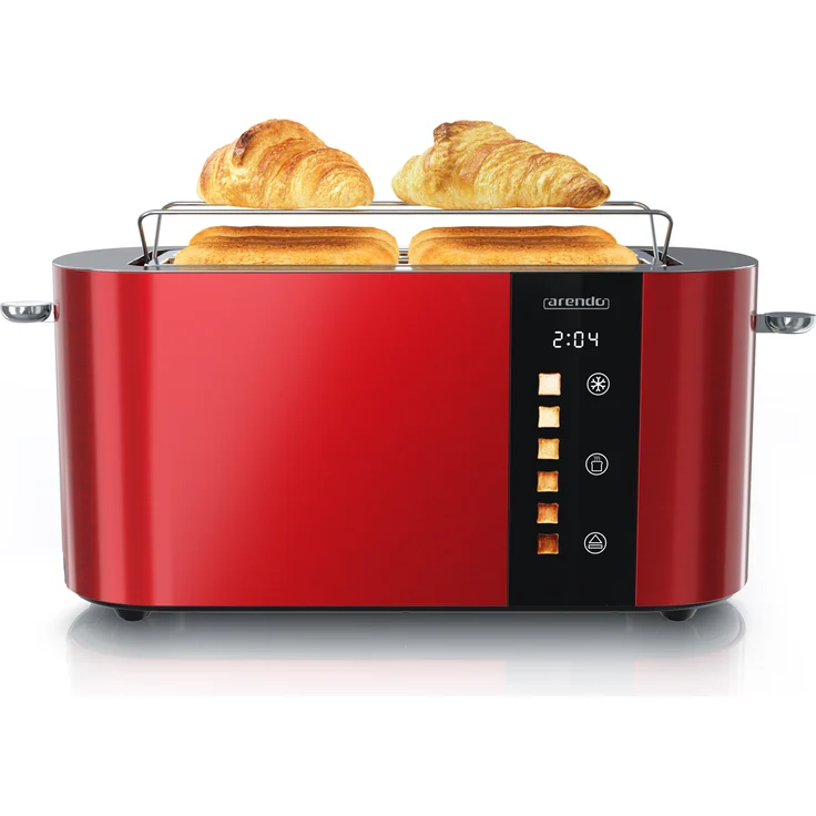 Arendo Toaster 4 Scheiben, Langschlitztoaster, Edelstahl, 1500W, Display mit Restzeitanzeige, Brötchenaufsatz, Defrost Funktion, Touch Display, rot