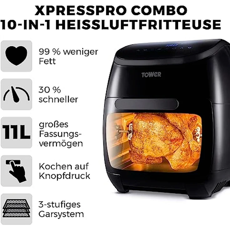 Tower T17076 Xpress Pro Combo 10-in-1 Digitale Heißluftfritteuse mit Schneller Luftzirkulation, 60-Minuten-Timer - Airfryer Airfryer Heißluftfritteuse XXL 11 l - 2000W - Schwarz – Bild 2