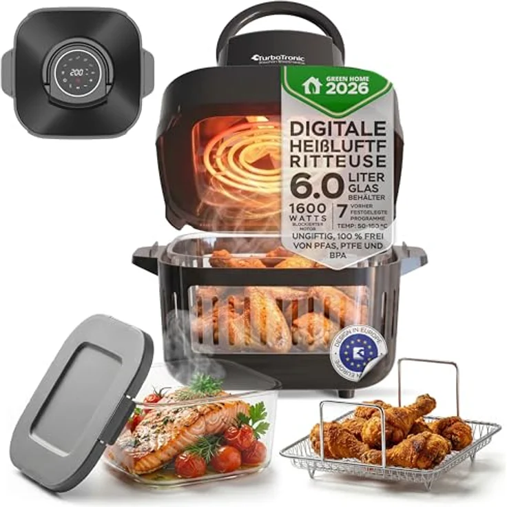 TurboTronic Heißluftfritteuse TT-AFG6, 6 L Glas Airfryer mit 1600 W, digitalem Touch-Display, 7 Programmen, Temperaturregelung 50–180 °C, BPA-frei, grau – Bild 1