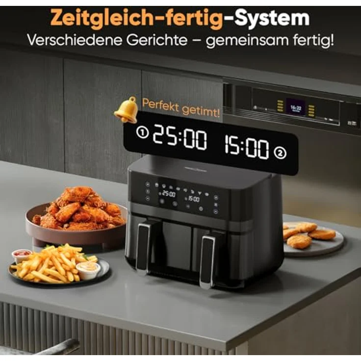 ProfiCook Heißluftfritteuse PC-FR 1295 H, Zeitgleich-fertig-System, 9L, 2 Kammern, Edelstahlfront – Bild 3