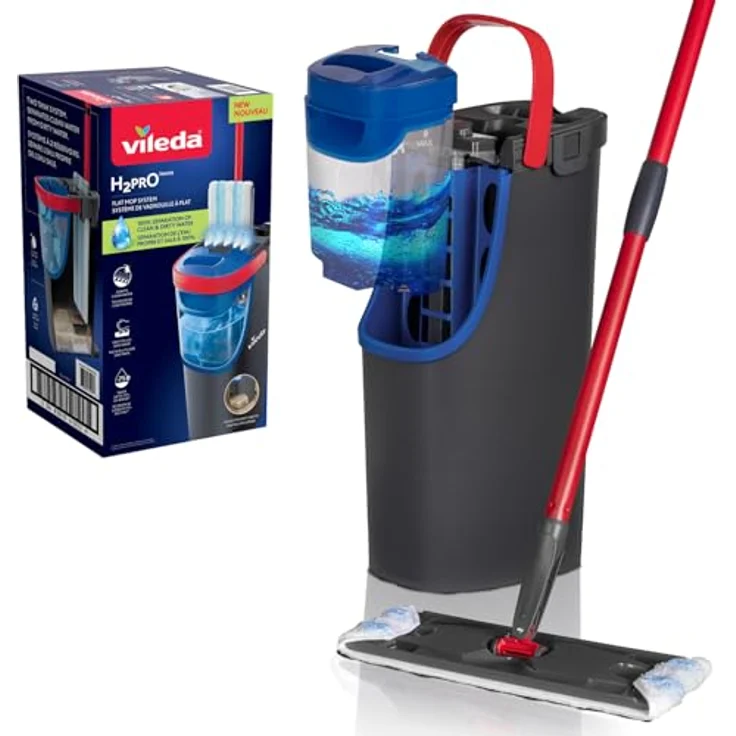 Vileda H2PRO Flat Mop Reinigungsset, Bodenwischer mit Zweitanksystem und 1,2 L Frischwassertank, platzsparender Eimer, Microfaser-Bezug – Bild 2