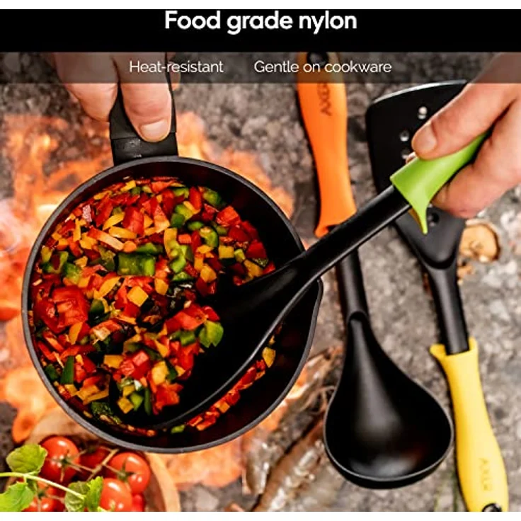 Axer Nylon-Kochutensilien-Set mit Drehbarem Ständer – 6-teilig – Mehrfarbiges Küchenset mit Löffel Schöpfkelle Schaumlöffel Wender Pfannenwender und Spaghettilöffel – Spülmaschinenfest – Bild 3