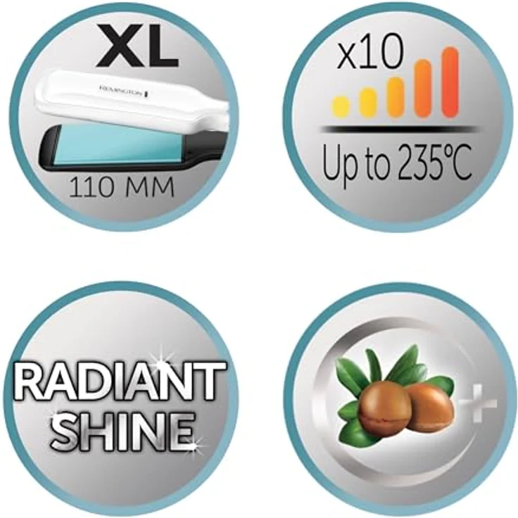 Remington Haarglätter Shine Therapy Wide Plate S8550, breite und federnd gelagerte Stylingplatten, hochwertige Keramikbeschichtung mit marokkanischen Arganöl und Vitamin E, schwarz-weiss für seidig glattes Haar – Bild 3