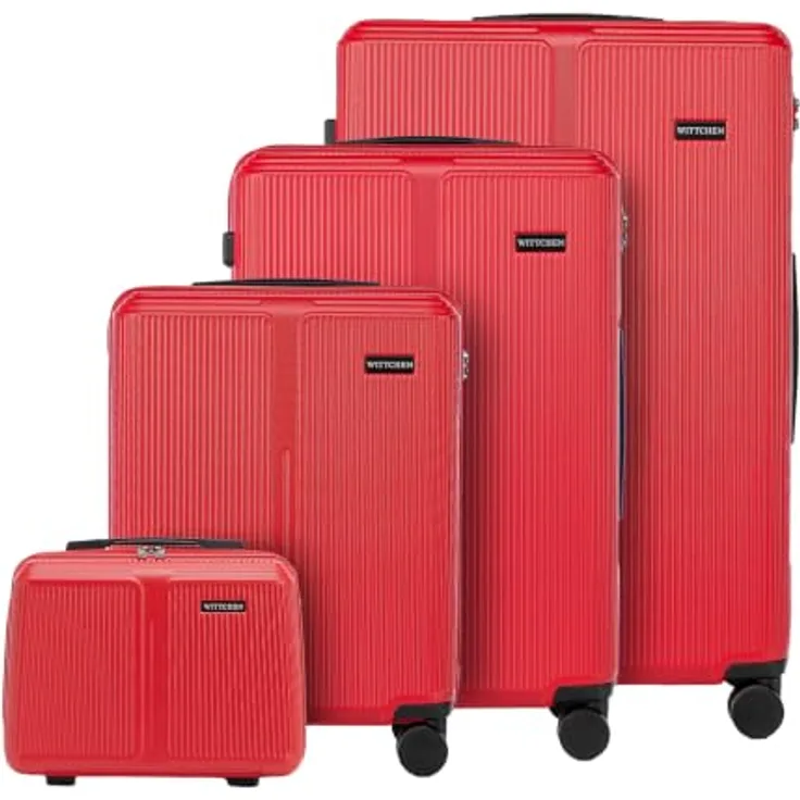 WITTCHEN Stripes Line Kofferset 4-teilig mit Kosmetiktasche, Hartschalenkoffer ABS, 4 Doppelrollen, Teleskopgriff, Zahlenschloss, Rot