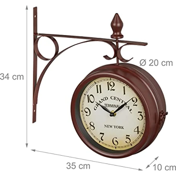 Relaxdays Bahnhofsuhr doppelseitig, New York, Retro, Batterie, analog, Wanduhr Vintage Deko, HBT 34 x 35 x 10 cm, braun – Bild 4
