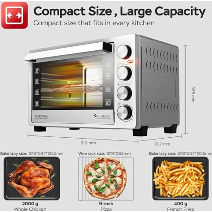 TurboTronic 30 L Elektrobackofen mit Grill, Umluft, Drehspieß & Timer, Edelstahl, 1500W, 4-in-1 Funktion – Bild 2