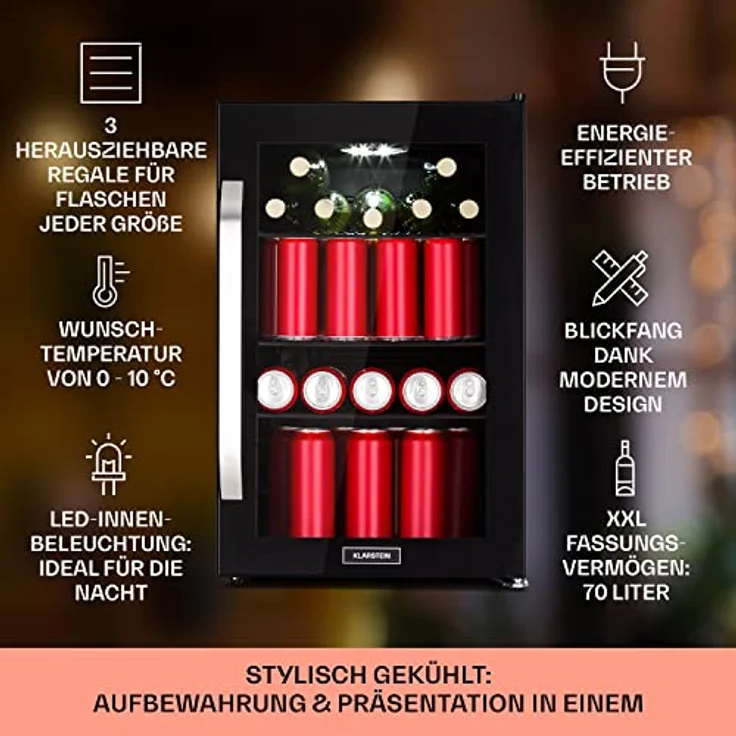 Klarstein Kühlschrank 70L, Leiser Mini Kühlschrank mit Glastür & LED, Outdoor Geeignet, Biersafe für Flaschen, 0-10°C – Bild 2