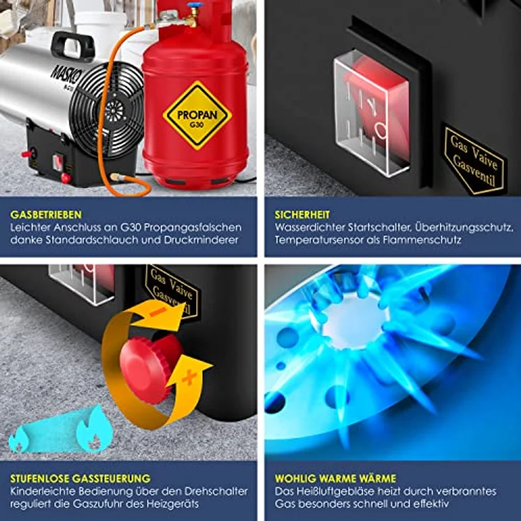 MASKO Gasheizgebläse Gasheizer Heizkanone Gasheizstrahler Bauheizer Gas Heizgerät heizstrahler Heißluftgenerator inkl. Gasschlauch & Druckminderer Heizgebläse für handelsübliche Gasflaschen Silber, 10 kW,  – Bild 3