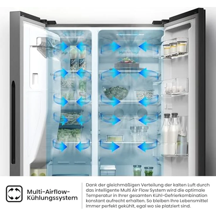 Hisense RS5P535NTCE Side-By-Side Kühl-Gefrier-Kombination, 376 l Kühlteil, 190 l Gefrierteil, Wasser-/Eisspender, Total NoFrost, Multi AirFlow, FastFreeze, silber – Bild 8
