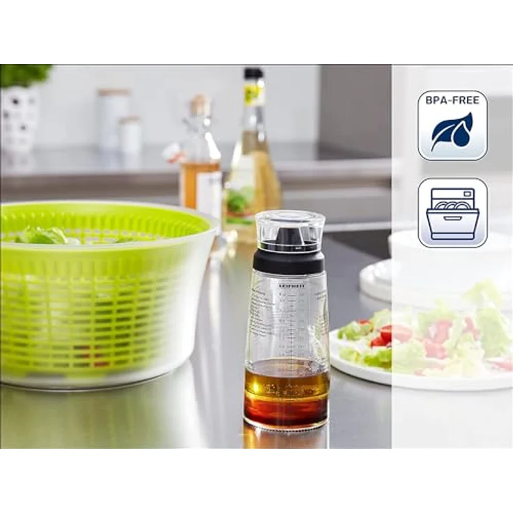 Leifheit Dressing Shaker, hochwertige Glasflasche mit verschiedenen Rezepten für Salatdressings, Messbecher mit tropffreien Ausguss, spülmaschinengeeigneter Dressingbehälter – Bild 2