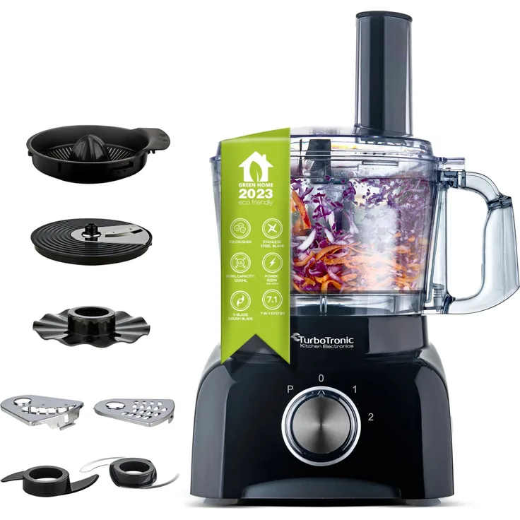 TurboTronic by Z-Line Küchenmaschine Food Processor (1,2L), 800 W, Entsafter-Aufsatz, Raspel, Julienne, Pommes, Scheiben, weiß