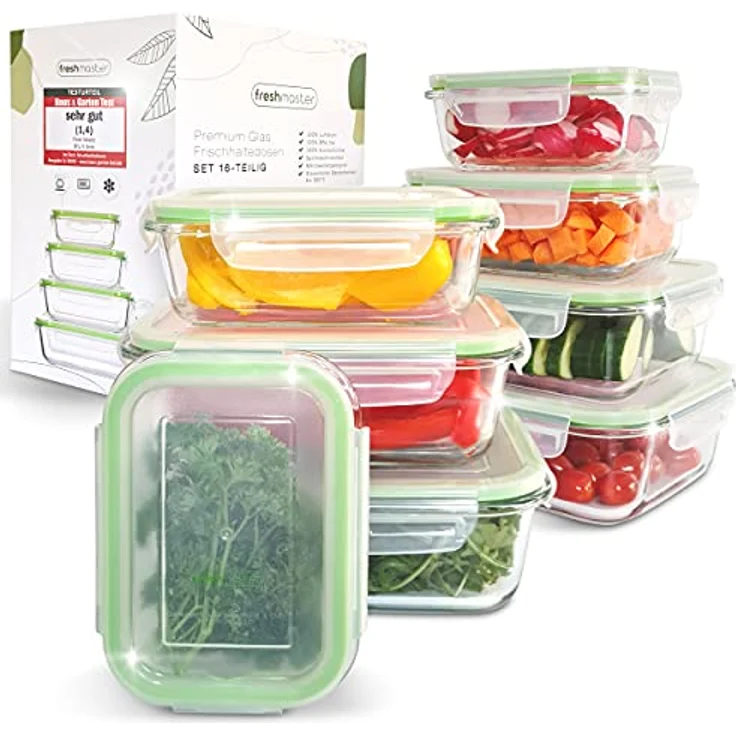 Fresh Master Frischhaltedose Glas Set - 100% auslaufsichere + luftdichte Vorratsdosen - BPA frei - Spülmaschinenfest - Mikrowellen, Backofen, Gefrierschrank geeignet - 16 teilig – Bild 1