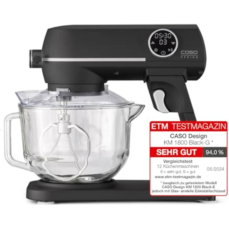 Caso Design KM1800 Black G Küchenmaschine, 1800 Watt, Glasschüssel 4,5 Liter, Display, Timer, schwarz – Bild 2