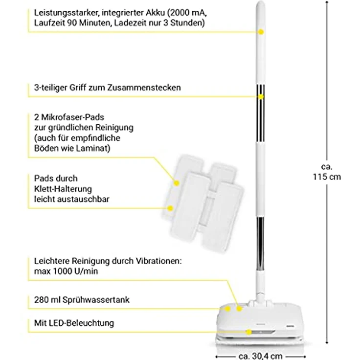N8WERK Akku-Vibrationsmopp, elektrischer Wischmopp, Bodenwischer, Moonlight White Edition (01932) – Bild 2