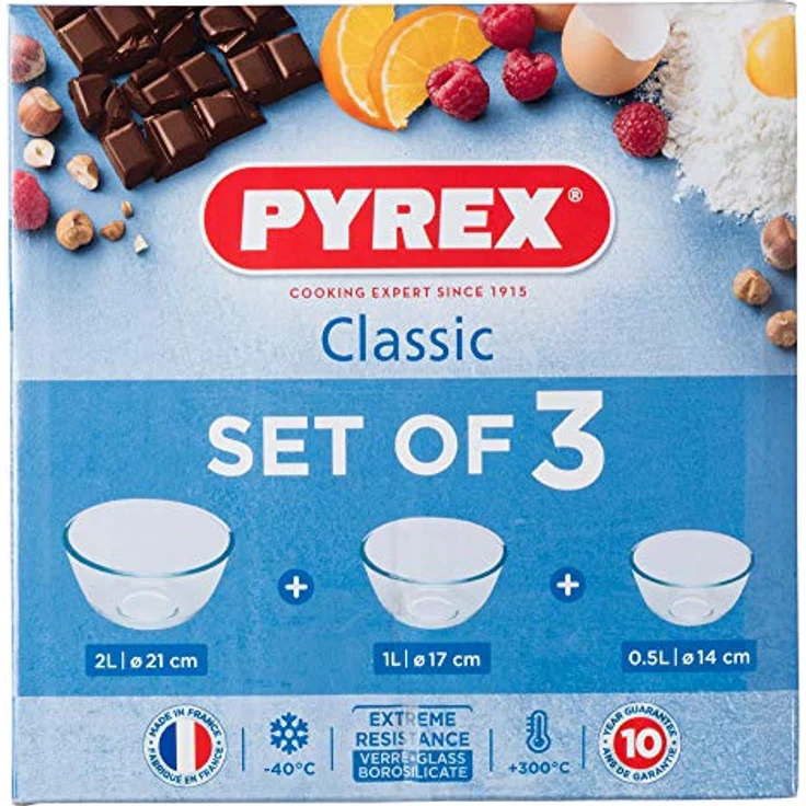 Pyrex Bowl Set, 3-teilig, Glas Rührschüsseln, 0.5L/1.0L/2.0L, hitzebeständig bis 300°C, kratzfest und schmutzabweisend – Bild 3