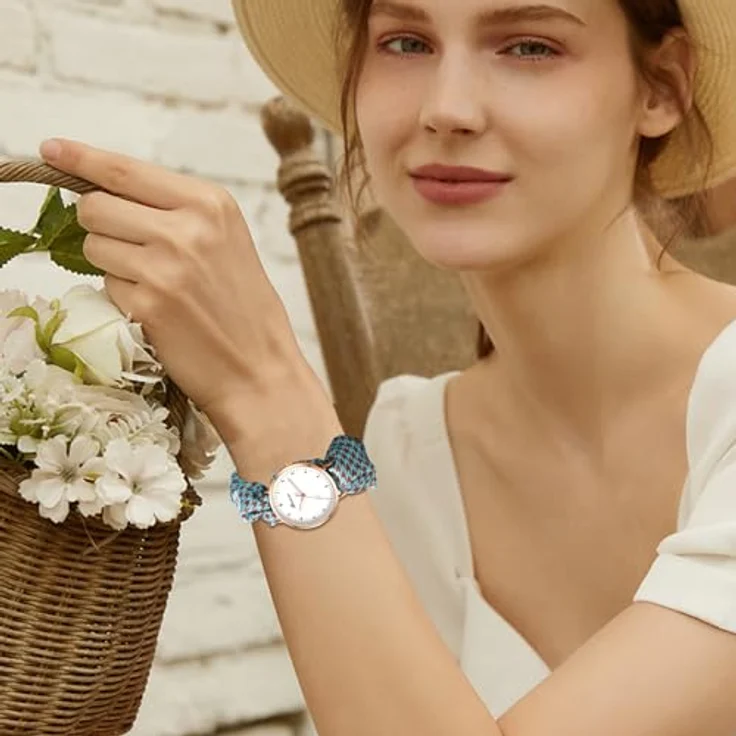 JewelryWe Damenuhr mit elastischem Haarband, Mintgrün, Hahnentrittmuster, Analog Quarz, Multifunktionale Armbanduhr – Bild 2