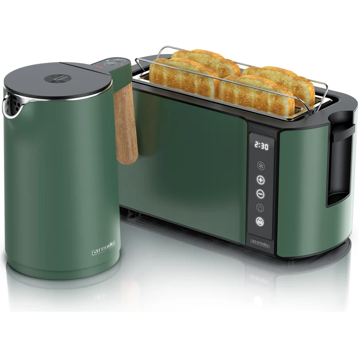 Arendo Frühstücks-Set Edelstahl, Wasserkocher 1,5l mit Temperatureinstellung und 4-Scheiben Langschlitztoaster mit Touch, grün