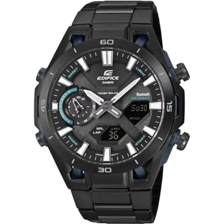 Casio Herren Classic Alarm Chronograph, stoßfest, digitale Sport Armbanduhr mit Countdown Timer, 100m wasserdicht, schwarzes Gehäuse mit blauen Akzenten, Solarbetrieb mit Bluetooth-Konnektivität, Edelstahlarmband