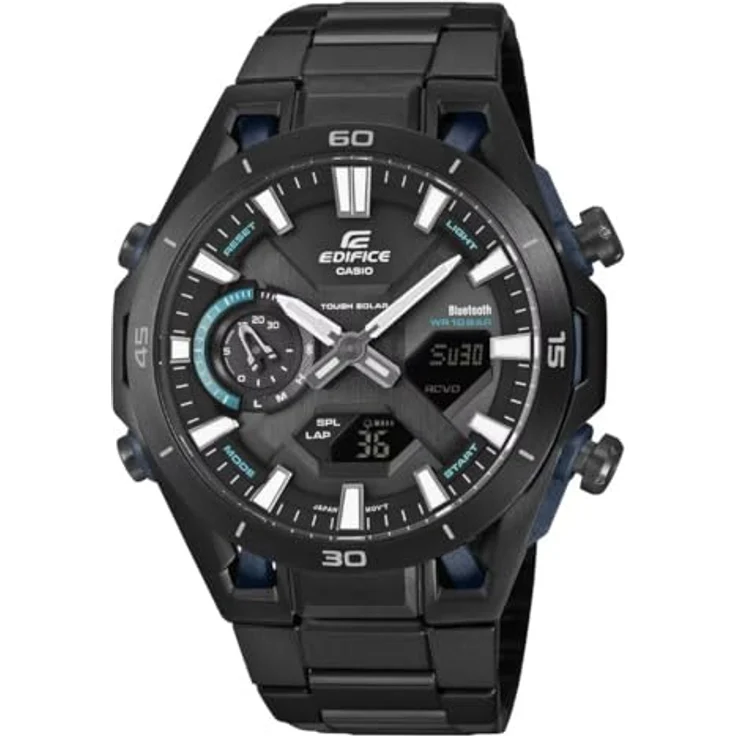 Casio Herren Classic Alarm Chronograph, stoßfest, digitale Sport Armbanduhr mit Countdown Timer, 100m wasserdicht, schwarzes Gehäuse mit blauen Akzenten, Solarbetrieb mit Bluetooth-Konnektivität, Edelstahlarmband – Bild 1