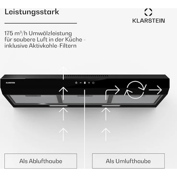 Klarstein Contempo Neo Unterbauhaube, Dunstabzugshaube mit 175 m³/h Abluftleistung, Edelstahl/Acrylglasfront, Touch-Steuerung, Umrüstbar auf Umluftbetrieb – Bild 3