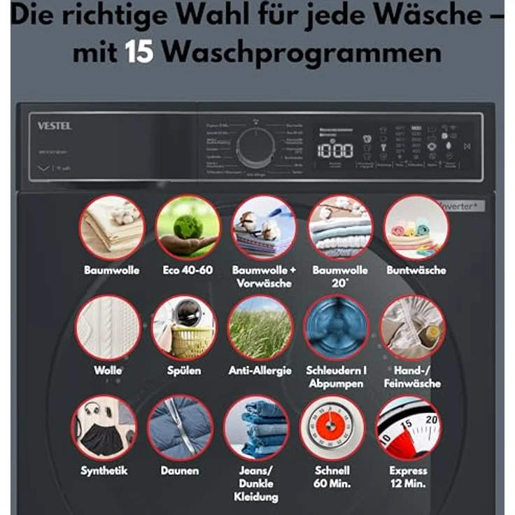 VESTEL WMI 99342 MB WIFI, Frontlader Waschmaschine, 9 kg, 1400 U/min, Inverter-Motor, Dampf, WiFi, AquaStop+, mattschwarz – Bild 3