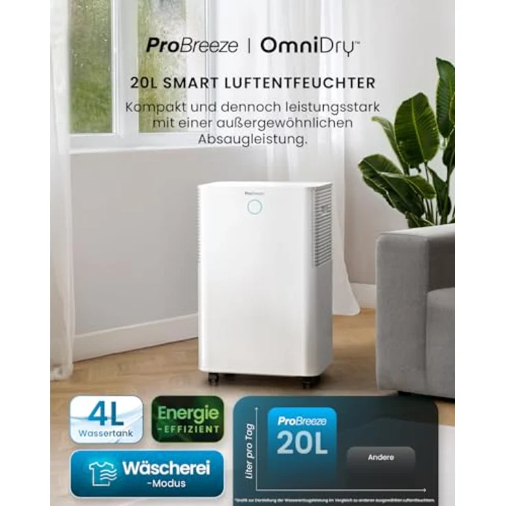 Pro Breeze OmniDry Luftentfeuchter, 20L Entfeuchtungsleistung in 24h, smarte App & WLAN, 4L Wassertank, Wäschemodus, leise mit 36dB – Bild 2