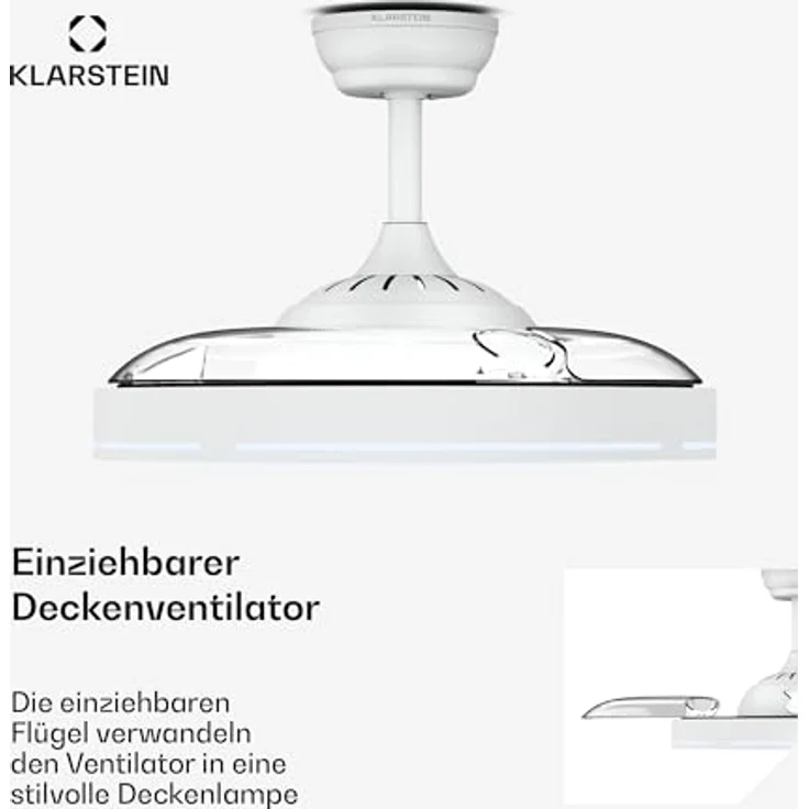 Klarstein AirFold Deckenventilator mit Beleuchtung, Smart App Steuerung, Einziehbare Flügel, Dimmbares LED-Licht, Fernbedienung, Leise, 107cm, Weiß – Bild 2