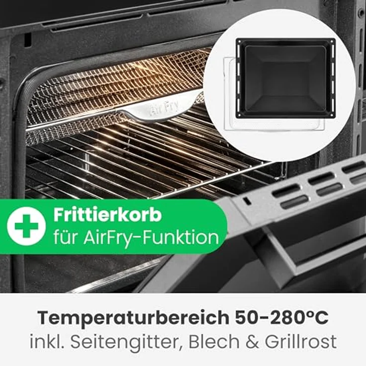 Bomann EBO 7912, Einbau-Backofen mit Pyrolyse, 67 Liter, Grill, AirFry, Umluft, Touch-Display, Energieklasse A, schwarz – Bild 5