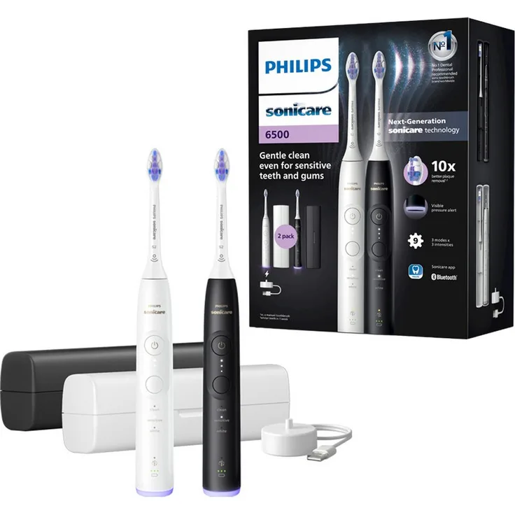 Philips Sonicare Elektrische Zahnbürste Series 6500 HX7419/01, mit 2 Aufsteckbürsten, Andruckkontrolle, 3 Intensitätsstufen, inkl. Ladegerät und Reiseetui