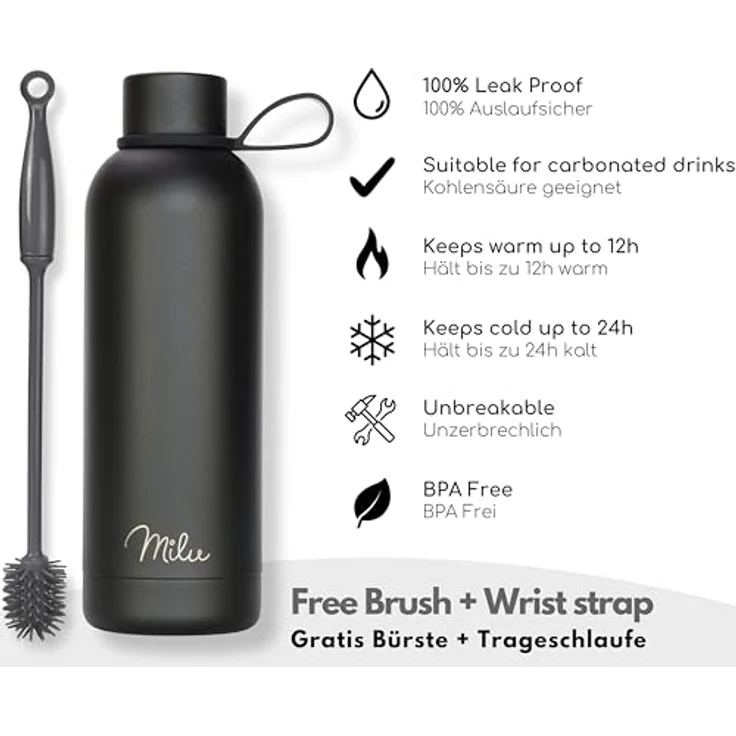 Milu Thermosflasche 500ml, Edelstahl doppelwandig, auslaufsicher, kohlensäuregeeignet, inkl. Reinigungsbürste, Diamond-Sand – Bild 2