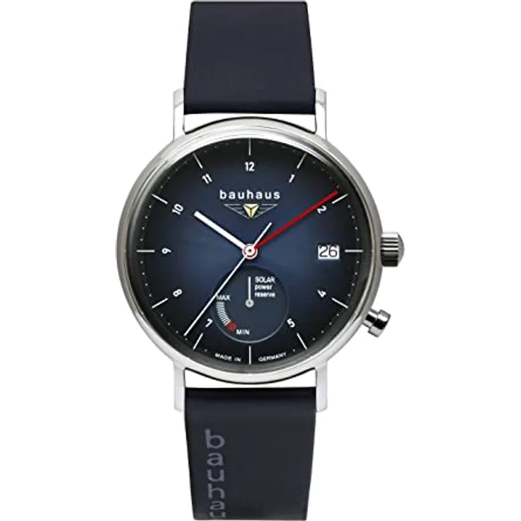 Bauhaus Herren Herrenuhr Solar 2112 mit Energieanzeige und Lederarmband in dunkelblau