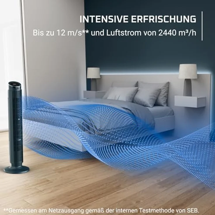 ROWENTA VU7050 Eole Silence Force, Turmventilator in Blau mit 39 Watt, 12 Geschwindigkeitsstufen, extrem leise (20 dB), integrierter Aromadiffusor und Fernbedienung – Bild 3