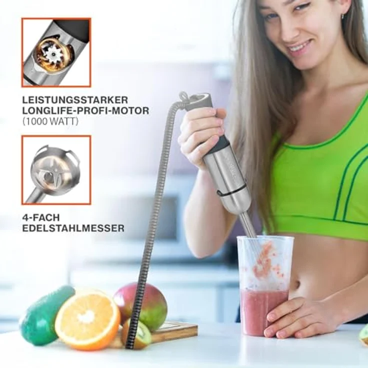 ProfiCook PC-SMS-1220 Stabmixer Set, 1000W, Soft Touch-Griff, inkl. Schneebesen, stufenlose Geschwindigkeitsregulierung, Edelstahl – Bild 3