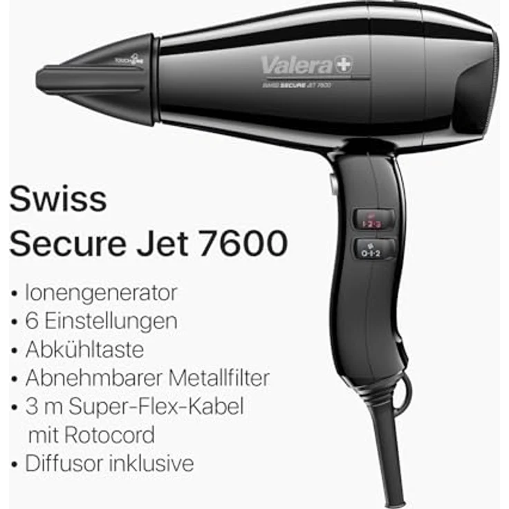 Valera Swiss Secure Jet 7600 professioneller Haartrockner mit Fehlerstromschutzschalter, PM-Pro Motor, Ionen-Generator, 3 Temperaturstufen, 2000 W, schwarz – Bild 4