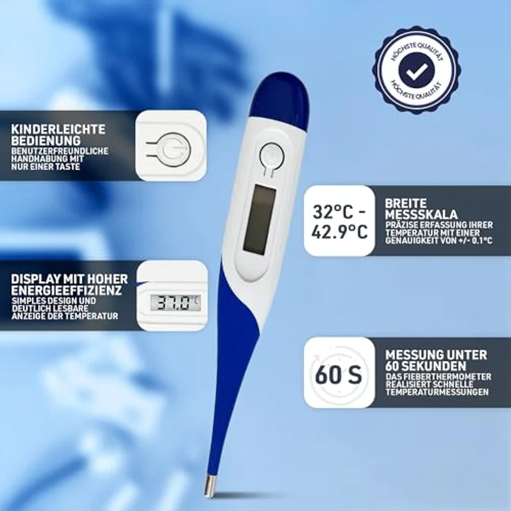 IEA Medical Fieberthermometer digital mit flexible Spitze, Fieberalarm, Reise Gadget, für Kinder & Erwachsene, Blau – Bild 3