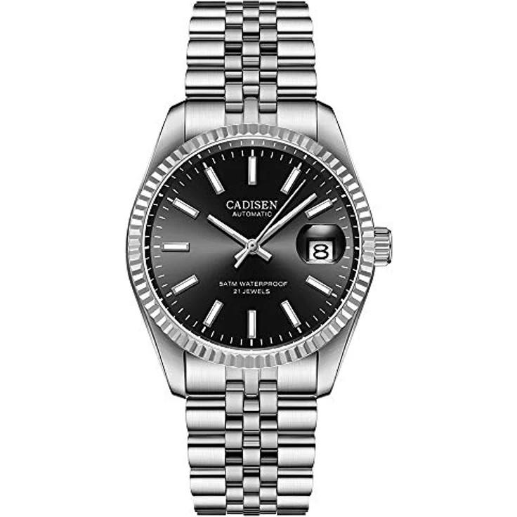 CADISEN Automatik-Herrenuhr CA-201, Elegant mit Saphirglas, Kalender, Edelstahlarmband, wasserdicht bis 50 m, schwarz – Bild 1