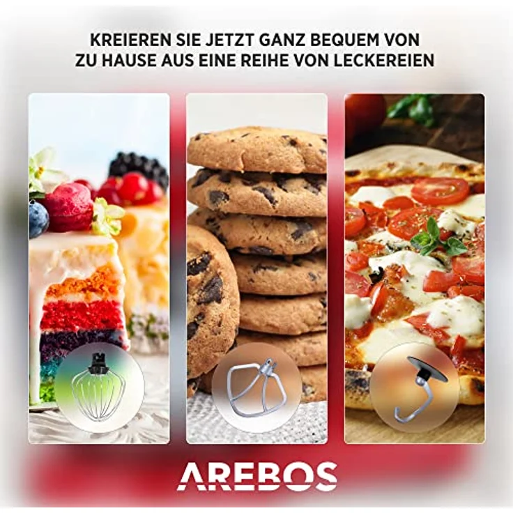 Arebos Küchenmaschine 1500W mit 6L Edelstahl-Rührschüssel | Schwarz | inkl. Rührhaken, Knethaken, Schneebesen | Spritzschutz | 6 Geschwindigkeiten | Knetmaschine | Teigmaschine – Bild 5