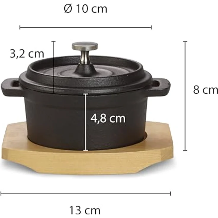 ECHTWERK Mini-Kochtopf aus Gusseisen mit Servierbrett, bereits eingebrannt, 250 ml, ideal für Backöfen, Grill, BBQ und Induktion, LANGLEBIG und STILVOLL_SERVIEREN – Bild 3
