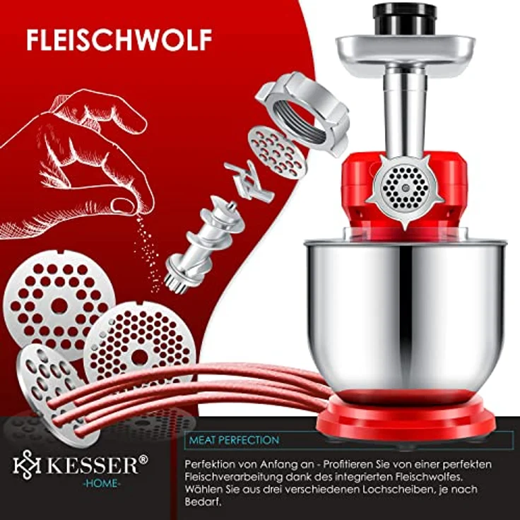 KESSER K-KM 3000 3 in 1 Universal Küchenmaschine, 1500W, 5,5L Schüssel, inkl. Fleischwolf, 3 Rührwerkzeuge, 1,5L Entsafter, Wurst Set Pasta & Plätzchenformen, rot - Preisvergleich – Bild 3