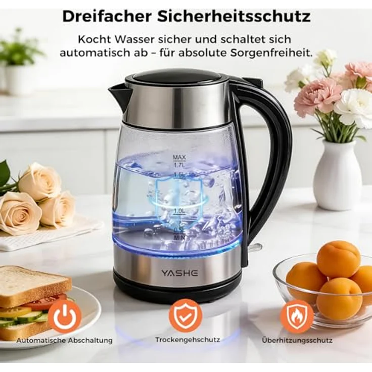 YASHE Wasserkocher Glas 1,7L, 2200W mit blauem LED-Licht und Sicherheitsfunktionen, Schwarz – Bild 3