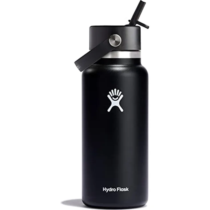 HYDRO FLASK - Trinkflasche 946ml (32oz) mit Flex Straw Deckel - Vakuumisolierte, Wiederverwendbare Flasche aus Edelstahl - Auslaufsicherer Deckel - Weite Öffnung - Black