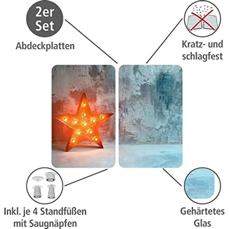 Wenko Herdabdeckplatte Universal Star, 2er Set Herdabdeckung für alle Herdarten, Gehärtetes Glas, 30 x 52 cm, mehrfarbig – Bild 2