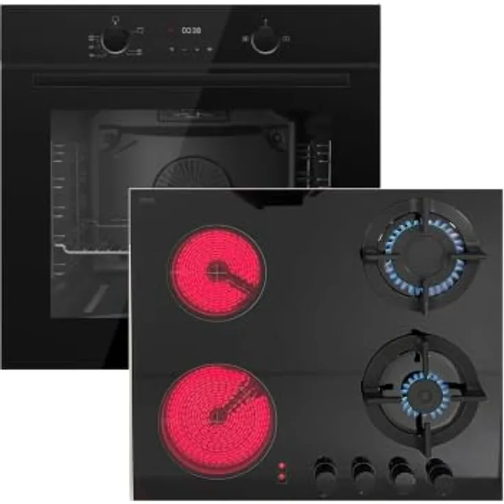 Gasline GB850-FIB + GAE60HY, Gas Einbauherdset 60cm Hybrid mit 69L Umluft-Backofen, 2 Gasbrenner und 2 Elektro-Kochzonen auf schwarzer Glaskeramik