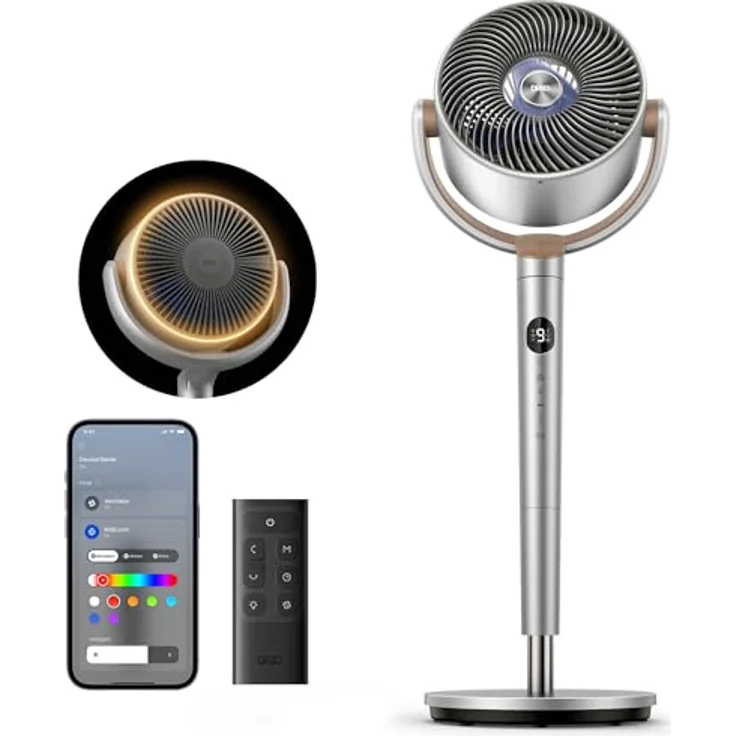 Dreo Smart Standventilator mit RGB Light, 120° +120° Oszillierend, 9 Geschwindigkeiten, 20dB Leiser Motor, Fernbedienung, 8H Timer, Silber – Bild 1