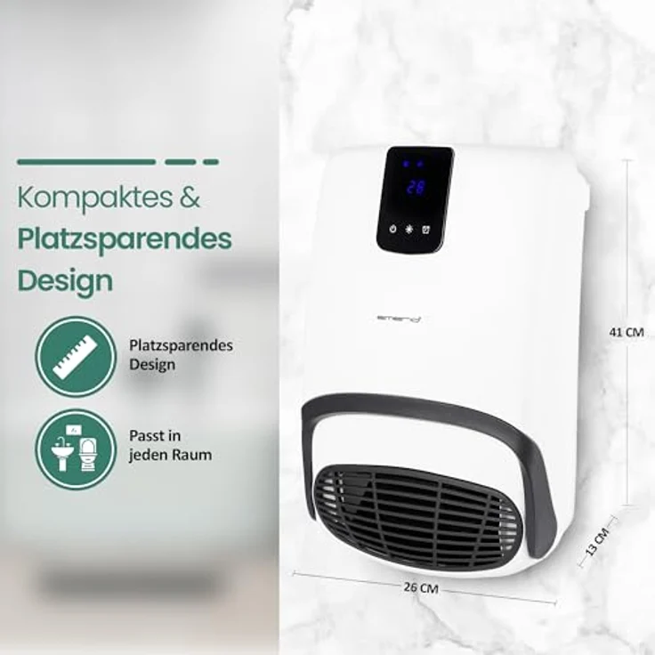 Emerio BH-123818 Bad Heizlüfter, 2000W, für Räume bis 20 m², IP23, 2 Heizstufen, einstellbarer Thermostat, 24h Timer, Handtuchhalter, Wandmontage, Ventilatorfunktion, Touch Display – Bild 5